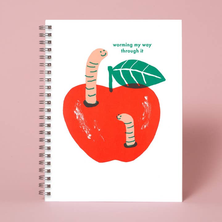 6 x 8" Spiral Blank Notebook - Apple & Worms for wholesale by Egg Press Manufacturing