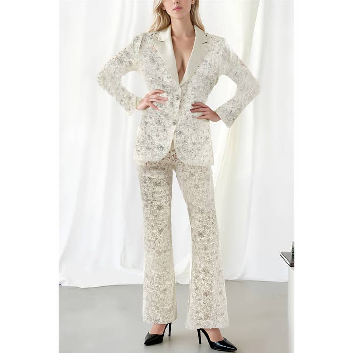 Ensemble Blazer et Pantalon en Dentelle à Paillettes X9859CS pour la vente par XHHH Inc