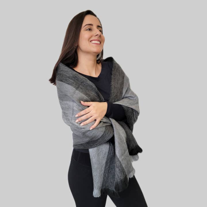 LATITUDE ZERO GOODS - Wholesale Wrap - Women's - Fragata - Gray Striped Alpaca Wool Shawl 2