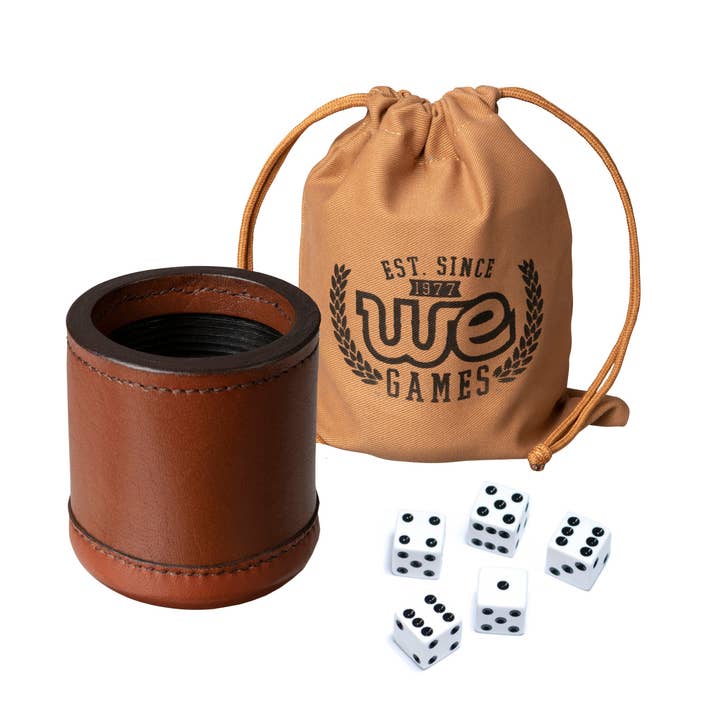 Black WE Games Professional, Leather Dice Cup Set - 5 Dice, Instructions for 10 Dice Games & Cloth Carry Bag for wholesale on Faire6