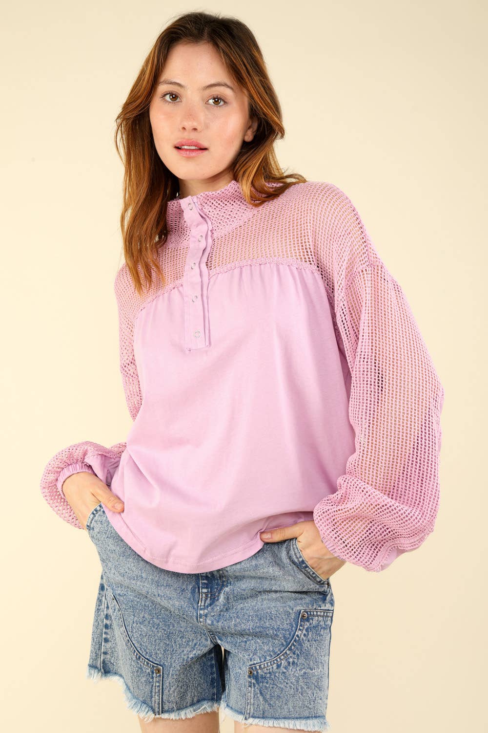 VERY J - Vente Haut en maille – femme - NT11408 - Haut en tricot Henley surdimensionné à col haut