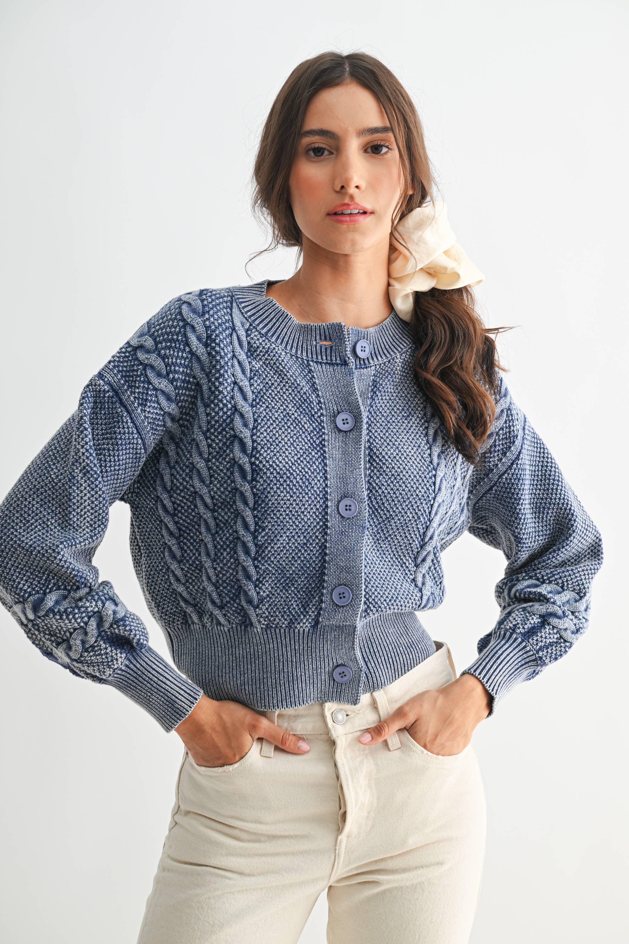 Camellia - Wholesale Cardigan - Women's - CW10019E WASHED BLENDED BROWN CABLE KNIT CARDIGAN36