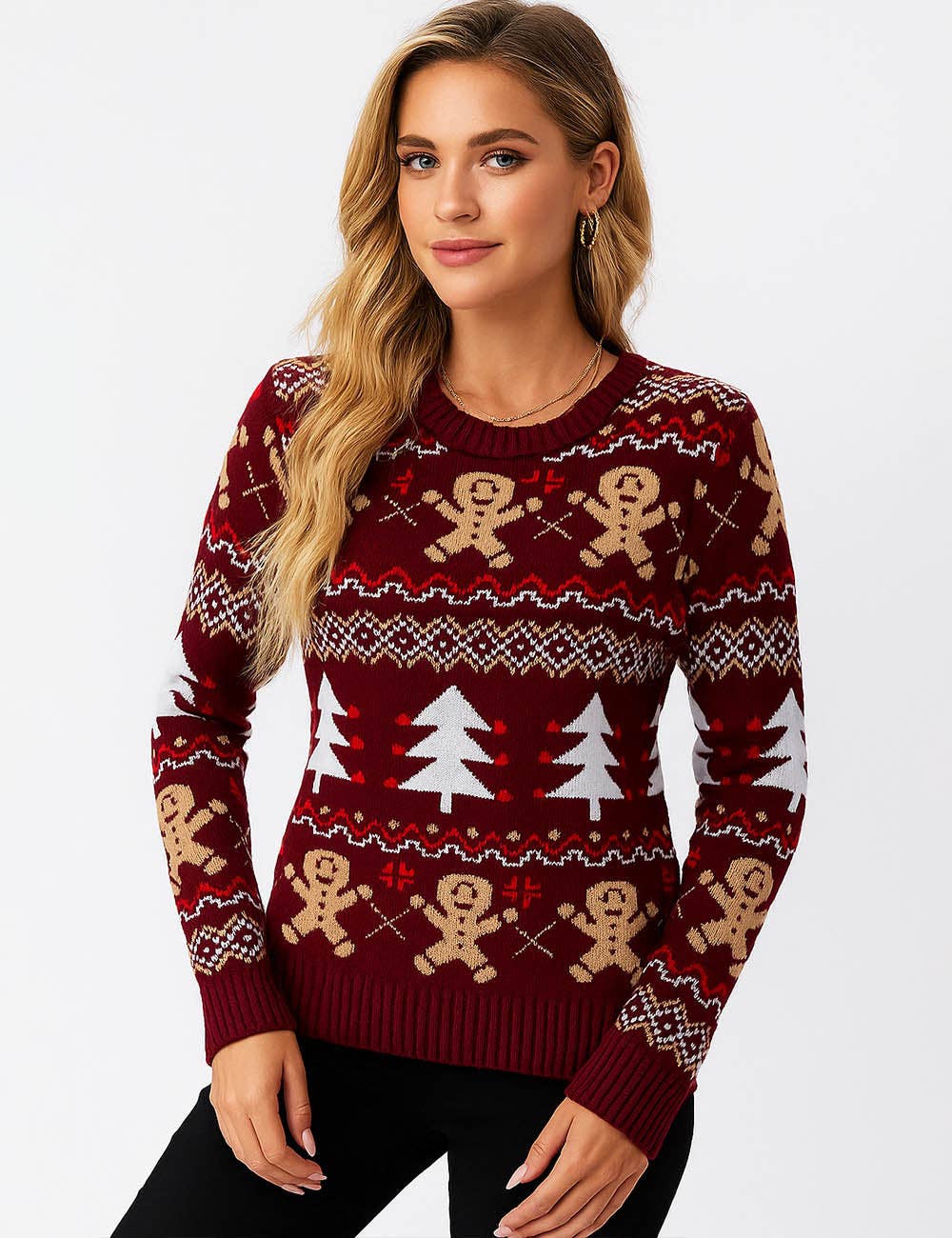 Burgundy Ladies Multi Color Christmas Jacquard Pattern Pullover Sweater for wholesale on Faire3