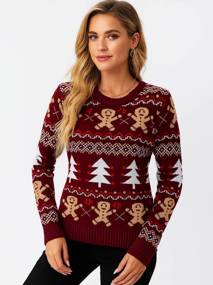 Burgundy Ladies Multi Color Christmas Jacquard Pattern Pullover Sweater for wholesale on Faire3