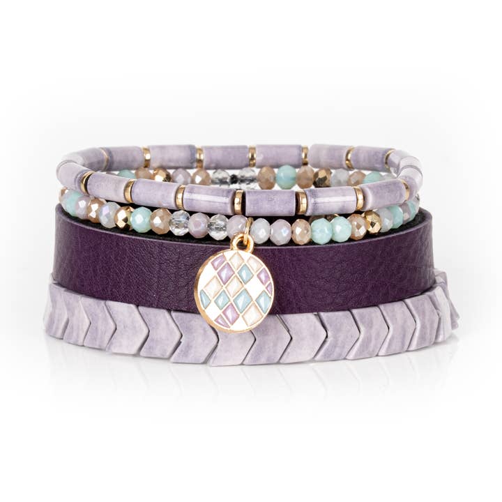 Amethyst Mosaic Leather Bracelet Stack Lilac Mint & Gold for wholesale by The Dark