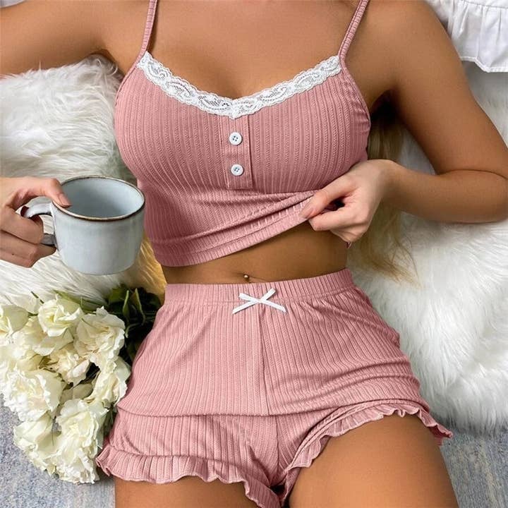 Basis Fancy - Wholesale Sleepwear Set - Women's - Women Casual Solid Color Lace Stitching Pajamas Two-Piece Set4