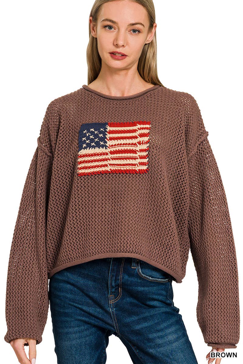 Vanilla Monkey - Vente Pull en maille – femme - Pull ras du cou à drapeau américain5