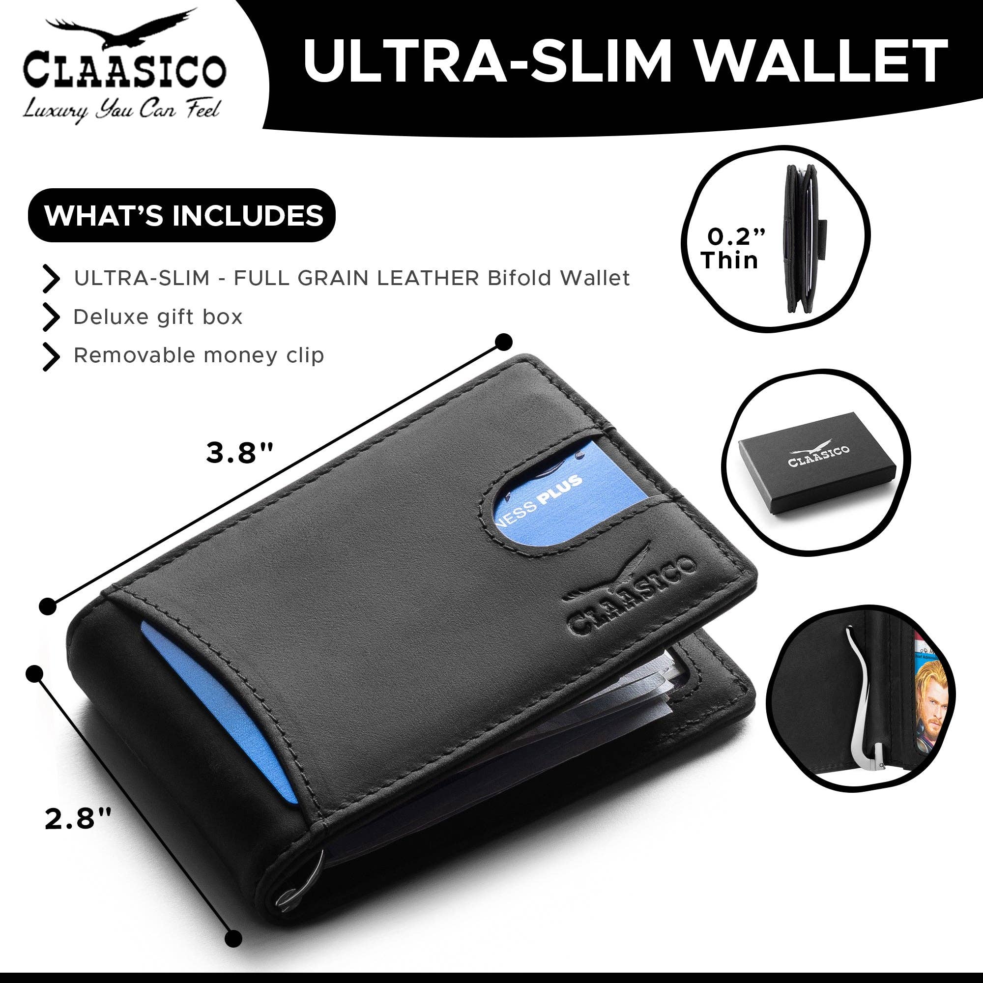 Claasico - Wholesale Wallet - Men's - Small bifold leather money clip wallet with pull strap2