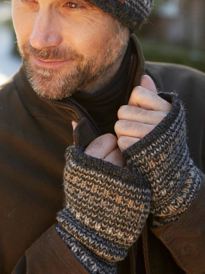 Men's Santiago Charcoal Brown Wool Fingerless Gloves for wholesale by Pachamama Ltd