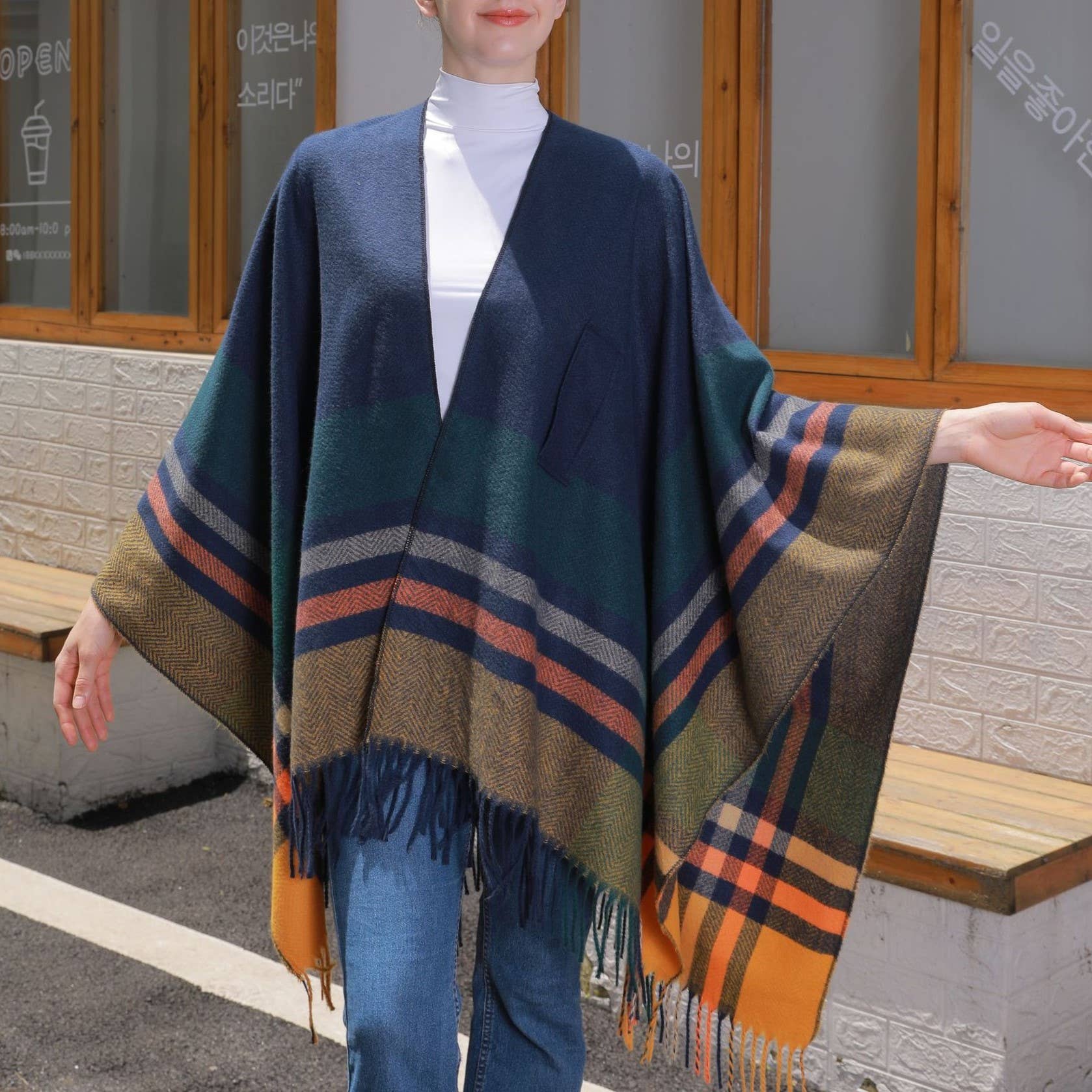 Rosa Clothing - Wholesale Wrap - Women's - Asymmetric Plaid Tassel Thermal Shawl Ruana7
