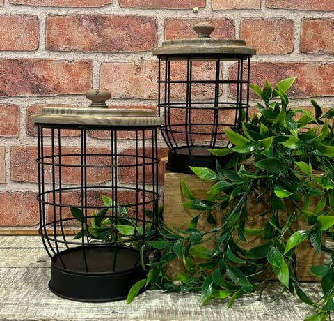 DNS Designs - Wholesale Canister set - Wood Lid Black Wire Canisters (Set of 2)