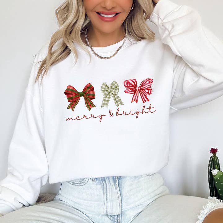 White Merry and Bright Three Bows Sweatshirt for wholesale on Faire3