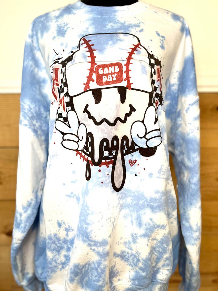 Baseball game day smiley dyed sweatshirt for wholesale by The Press House