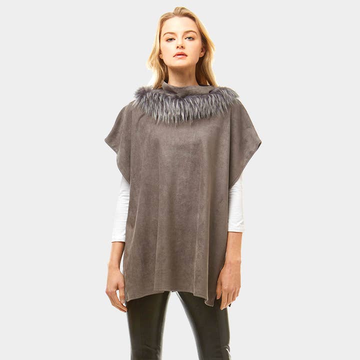 Sensibling Corp. - Wholesale Poncho - Women's - Suede Feel Turtle Neck Faux Fur Poncho