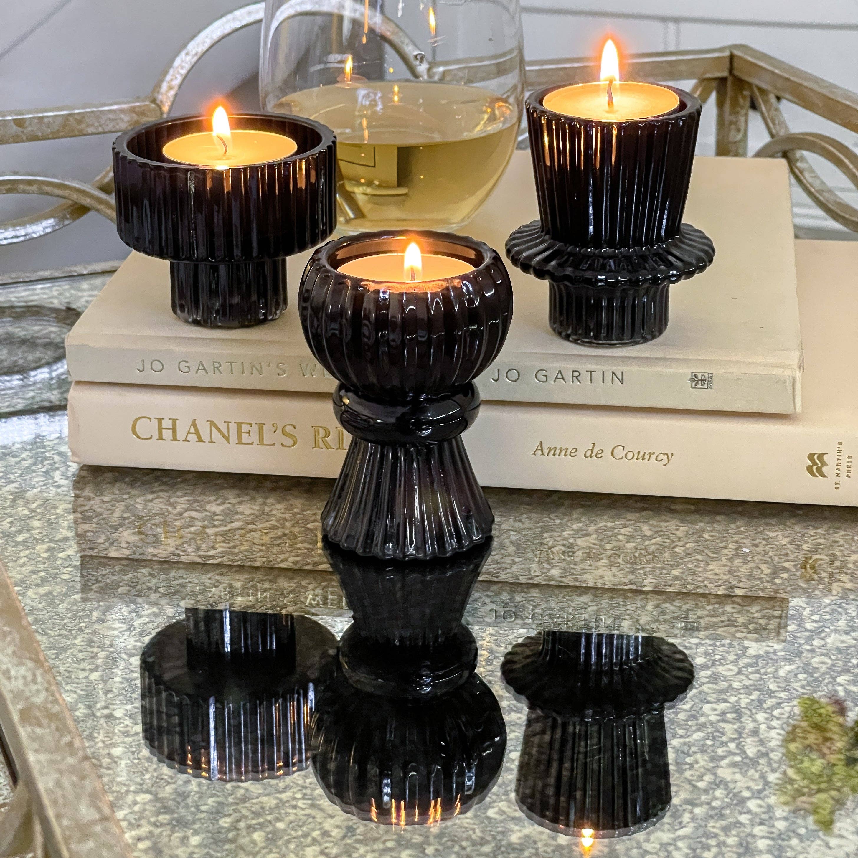 Kate Aspen - Wholesale Candle Holder - Vintage Ribbed Black Glass Candle/Candlestick Holders Set of3
