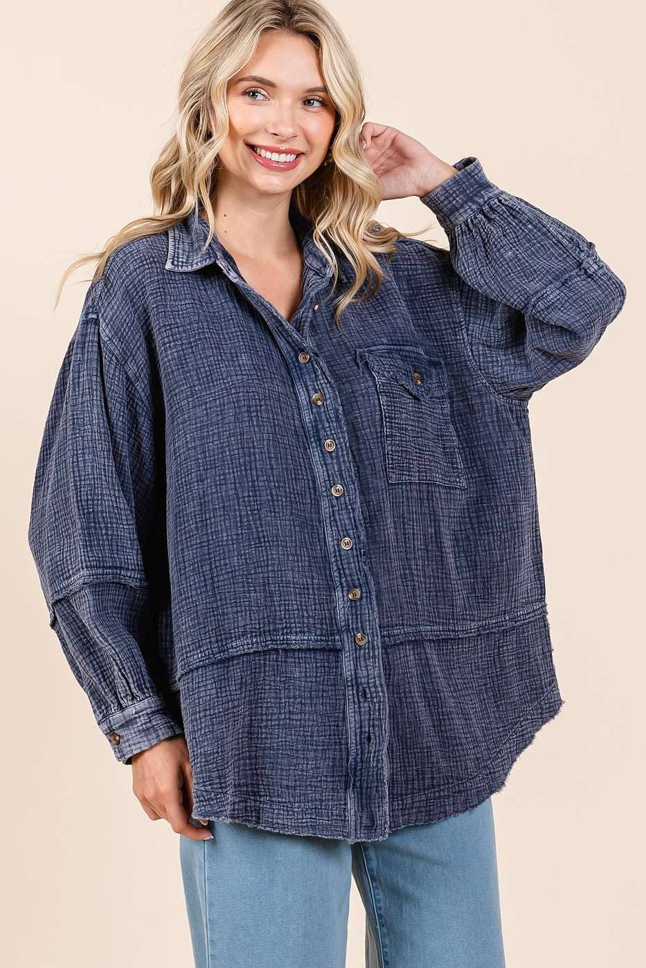 mittoshop - Venta al por mayor Camisa con botones - Mujer - CAMISA CON BOTONES DE GASA ARRUGADA Y LAVADO MINERAL3