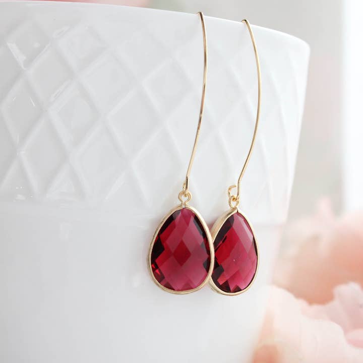 A Pocket of Posies - Wholesale Dangle Earrings - Glass Teardrop Earrings | Ruby Red Glass | Gold or Silver