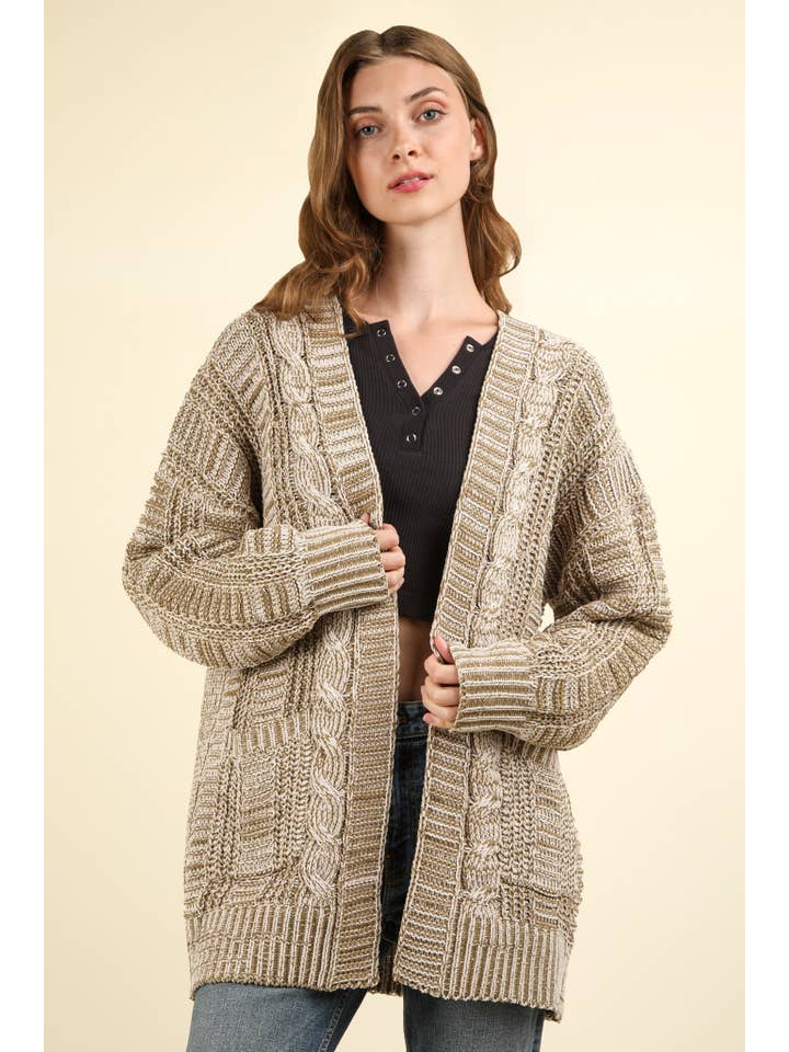 VERY J - Wholesale Cardigan - Women's - 12W3094N-Two Tone Knit Oversized Sweater Cardigan W/ Pockets