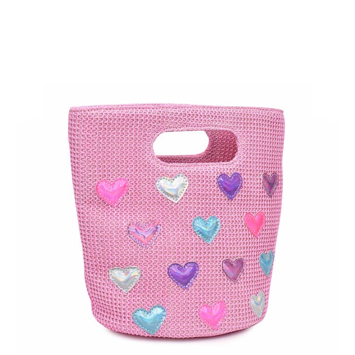 OMG Accessories - Wholesale Tote Bag - Kids - Heart-Patched Pink Straw Top-Handle Mini Tote Bag1