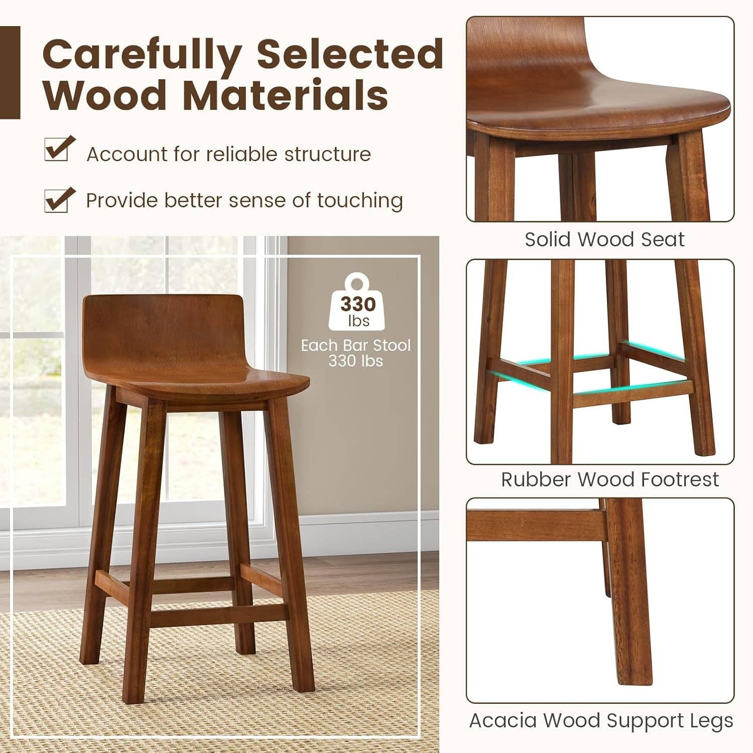 24.5 Inch Counter Height Farmhouse Wooden Bar Stool Set Of 2 With Brown Footrest And Low Back for wholesale on Faire3