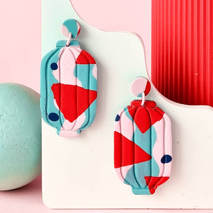 Mint, red and pink handmade polymer clay earrings for wholesale by Mono