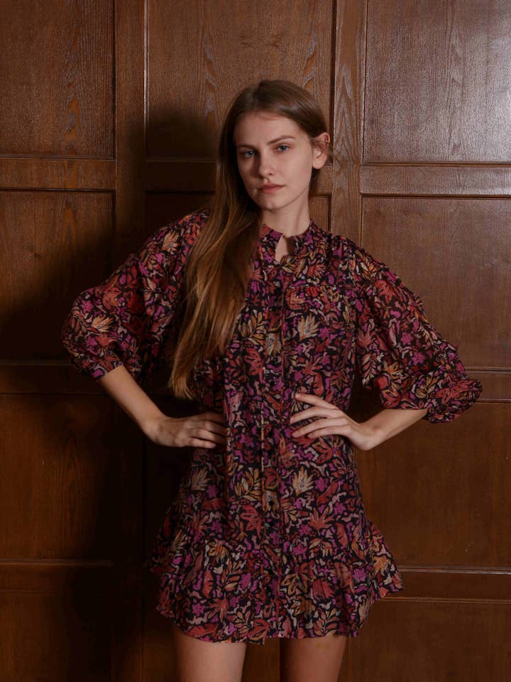 S24221211 - Long Sleeve Button Up Mini Floral Dress for wholesale by The Korner - USA