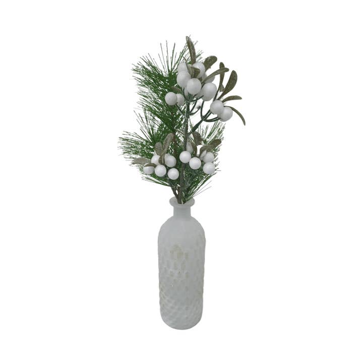 Christmas Table Decorations | White & Gold Glittery Vase & Snowy Decorations with Mistletoe for wholesale by Qube Luxe by Debbie Marks