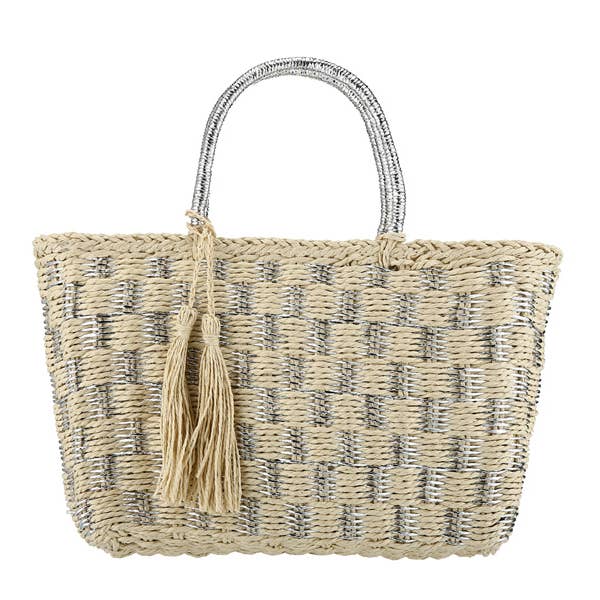 Sac à main en paille naturelle pour femmes avec anse supérieure et pompon pour la vente par Nima Accessories Inc