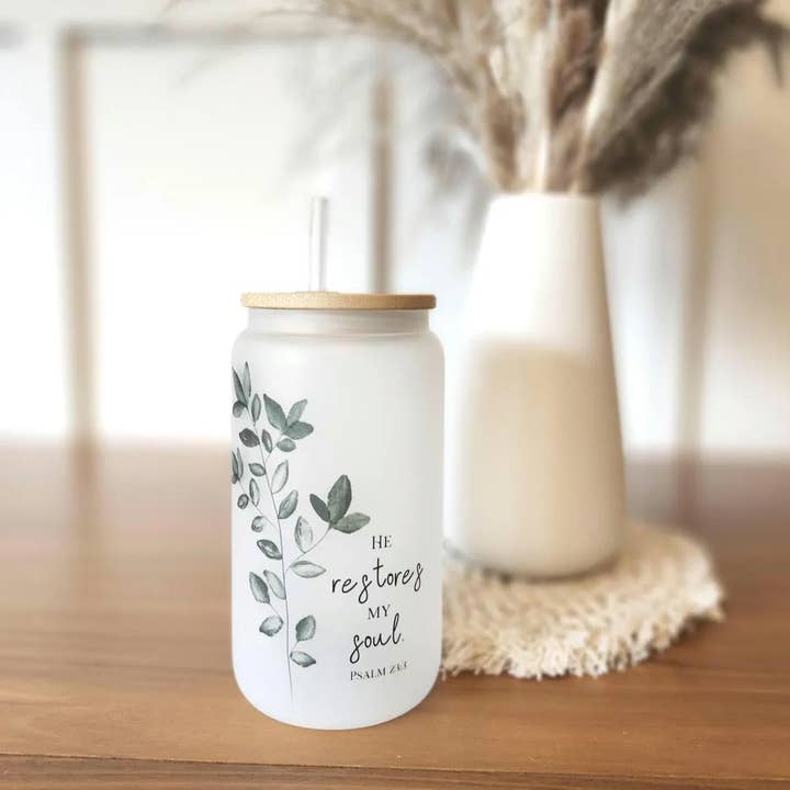 All the Things MN - Wholesale Drinking Glass/Cup - Christian Glass Tumbler with Straw and Lid Botanical Cup1