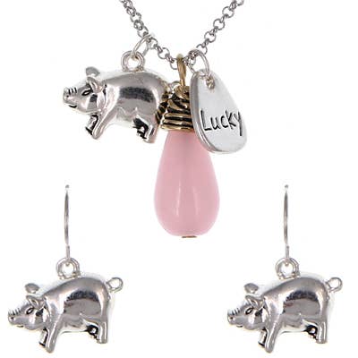 FR5980 LUCKY_Pig Animal Pink Glass Metal Charm Necklace Set for wholesale by 0011 PREMIERE
