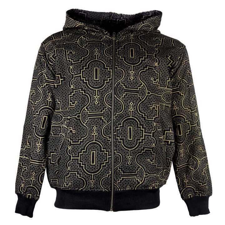 Giacca con cappuccio nera con stampa etnica dorata streetwear hoodie per la vendita all'ingrosso da parte di Tribal Trade GmbH