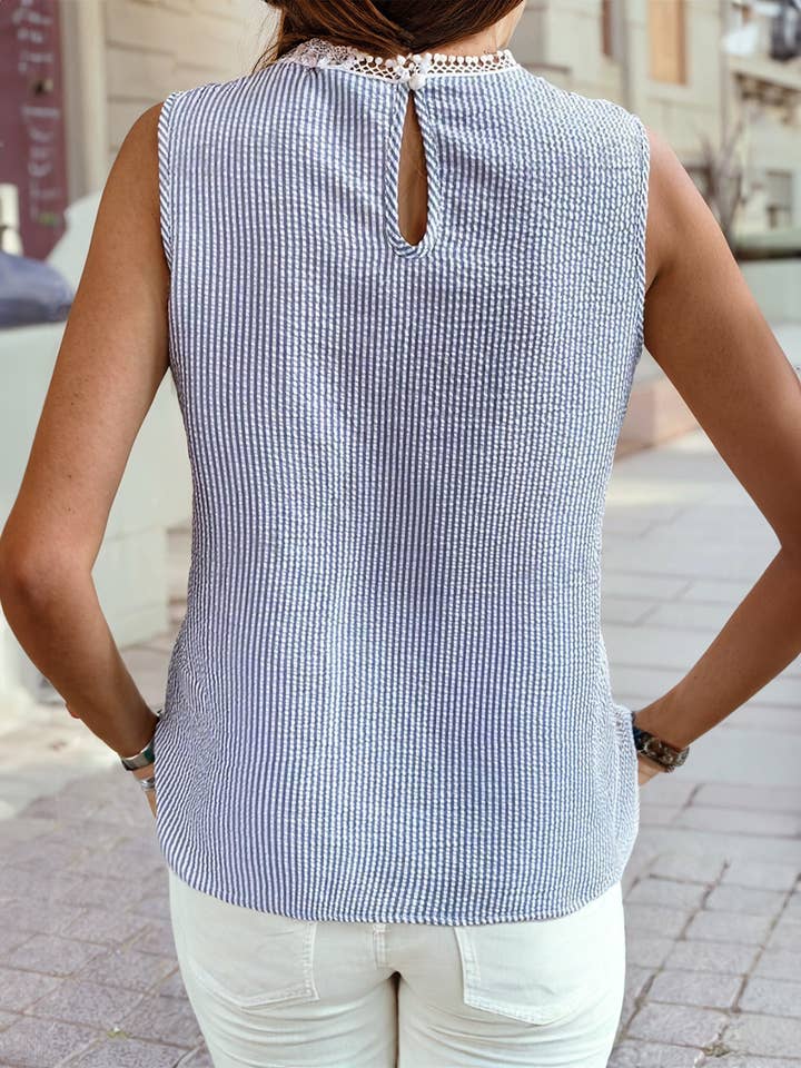 1 the Woman - Wholesale Tank Top - Women's - Stripe Lace Patchwork Crew Neck Tank Top