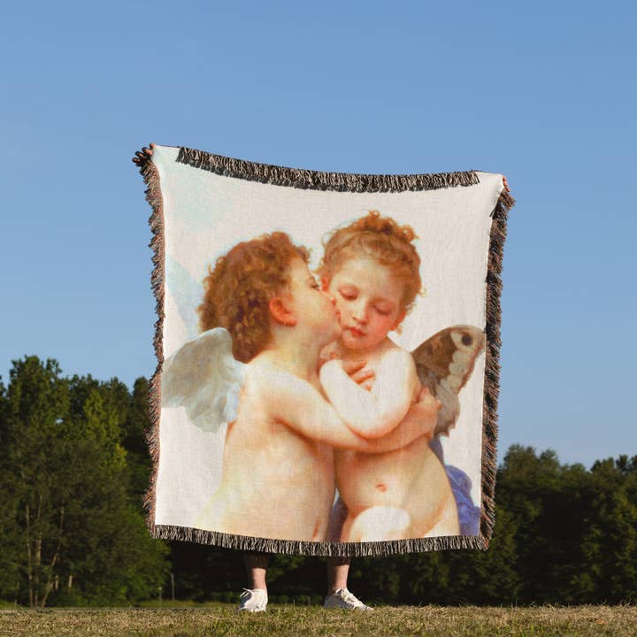 3dRose - Wholesale Throw blanket - 3dRose, Cupid and Psyche as Children 1890 - L Amour enfants - Bouguereau - baby angel cherubs kiss - classic, Blanket1