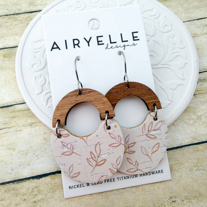 Linen Leaf Cork + Leather Scoop Earrings - Titanium for Sensitive Ears for wholesale by Airyelle Designs