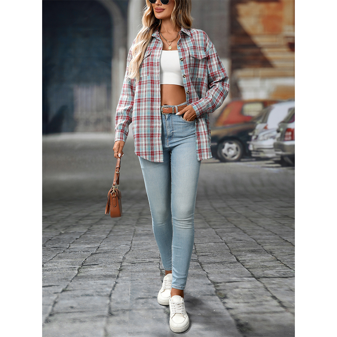 UNISHE - Wholesale Shirt - Women's - Casual Loose Fit Plaid Pockets Button-Down Shirt MD21313