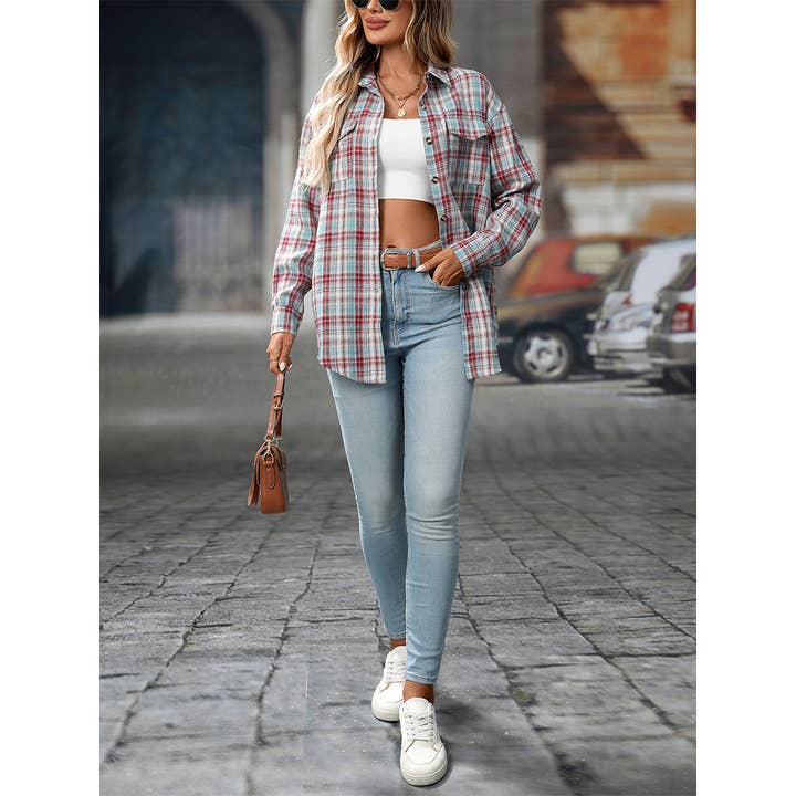 UNISHE – Engroshandel Skjorte - Dame – Afslappet løs pasform ternet skjorte med lommer og knapper MD21313