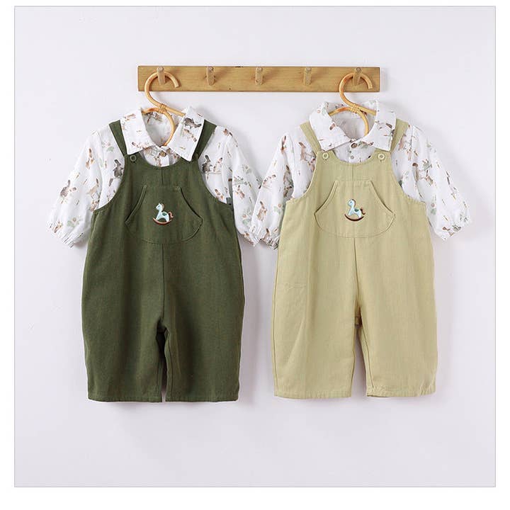 Top unisex de otoño con cuello vuelto y bonito estampado de conejo para bebés y overol bordado para venta al por mayor de MyKids-USA®