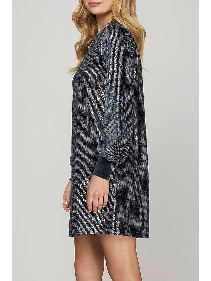 ROUSSEAU - Wholesale Dress - Women's - SEQUIN ROUND NECK VELVET CONTRAST MINI DRESS1