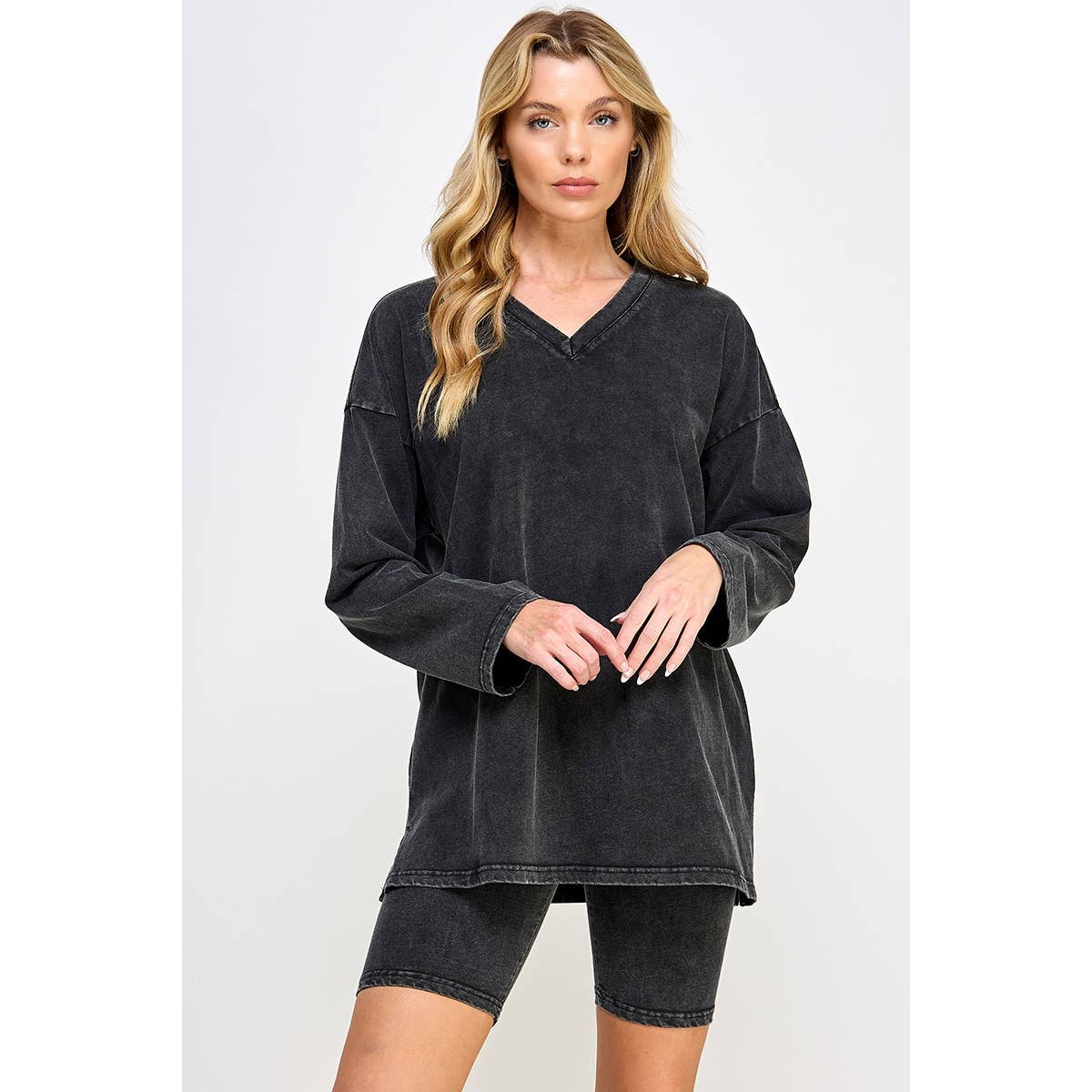 Sweet Generis - Wholesale Lounge Set - Women's - COTTON MINIERAL WASHED OVERSIZE TOP WITH CASUAL BIKER SHORT 19