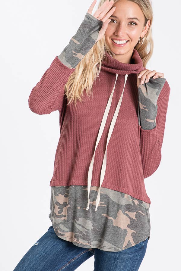 7th Ray - Wholesale Sweatshirt - Women's - Brushed Waffle Camo Contrast Thumbhole Cuff Twofer Top T20419