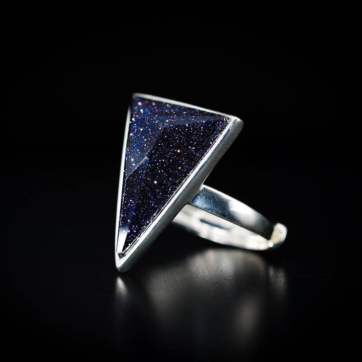 Black Feather Design – wholesale Cocktail/statement ring – Geometric Blue Goldstone Ring - 925 Silver - Adjustable5