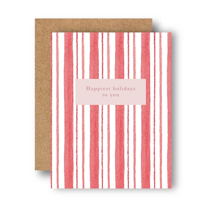 Red Candy Cane Stripe Holiday Card: Happiest Holidays to You for wholesale by By Caroline Ann