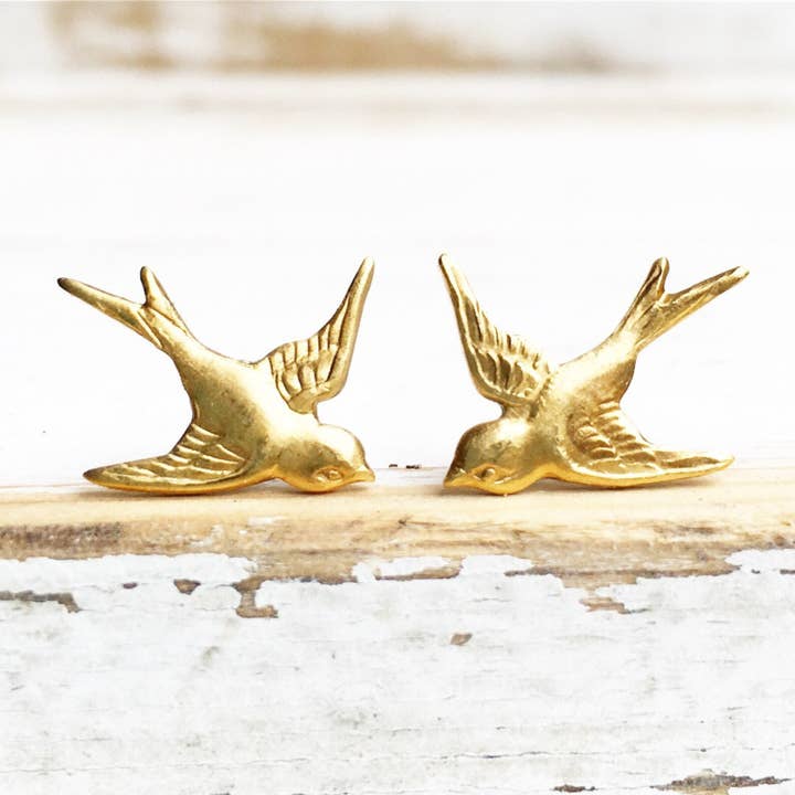 Red Truck Designs - Wholesale Stud/Post Earrings - Gold Bird Stud Earrings Bird Earrings Flying Sparrow