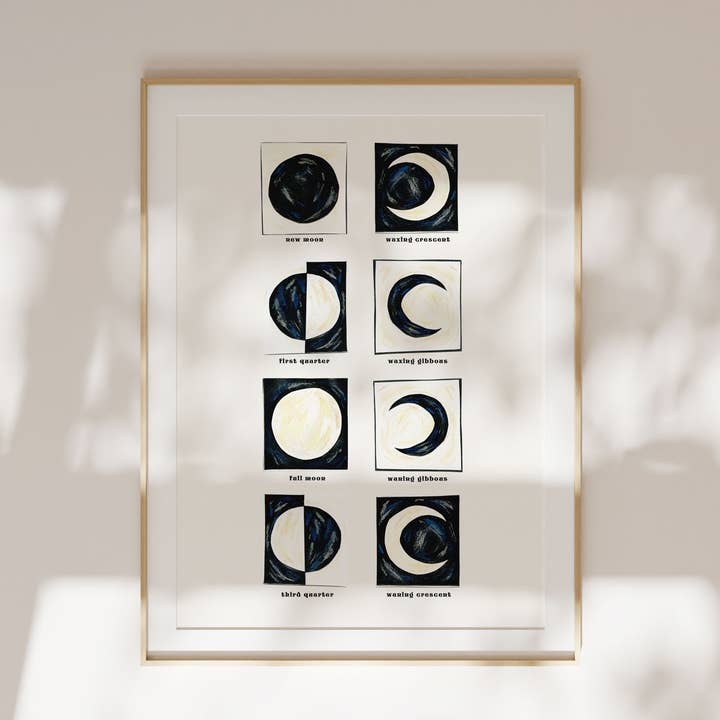 Moon Phases Art Print | Moon Chart | Celestial | Monochrome for wholesale by Little Black Cat Illustrated Goods