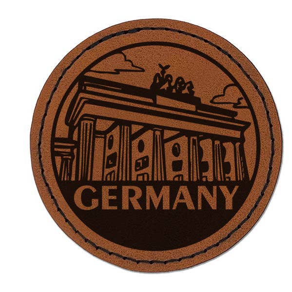 Germany Brandenburg Gate Country Destination Round Iron-On Engraved Faux Leather Patch Applique - 2.5 Inch - Brown for wholesale by Sniggle Sloth