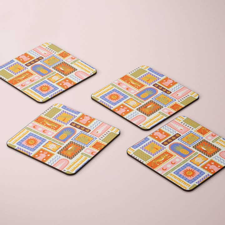 Ensemble de 4 sous-verres en liège Tropical Mosaic pour la vente par Yililo