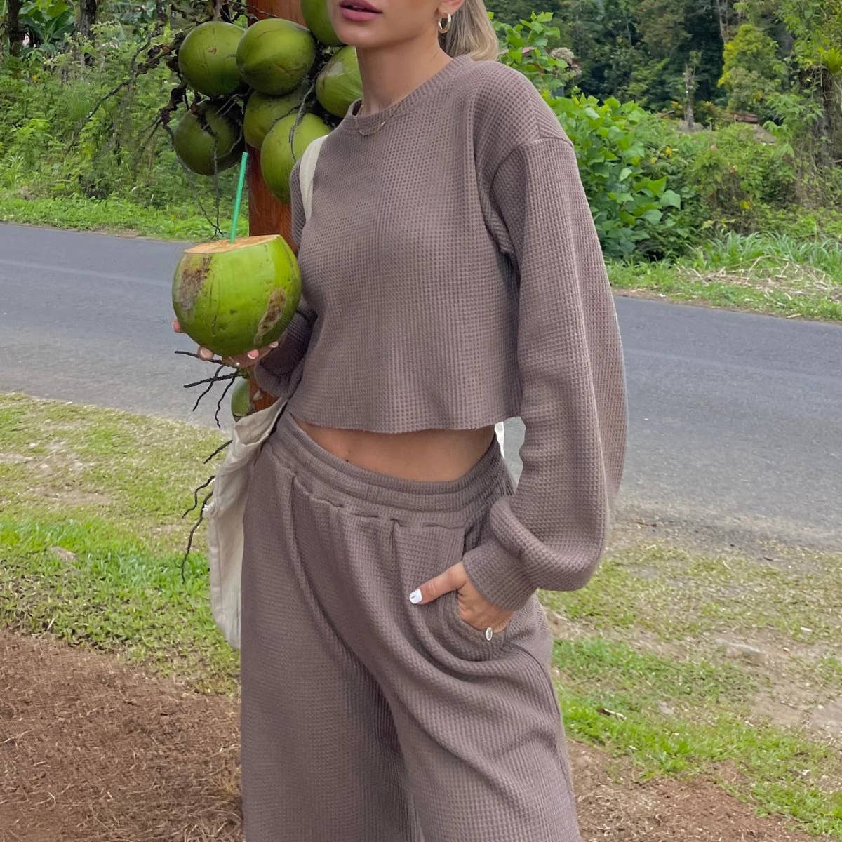 HIDDENBRAND - Wholesale Lounge Set - Women's - Waffle crop long sleeve top wide leg pant two piece set16