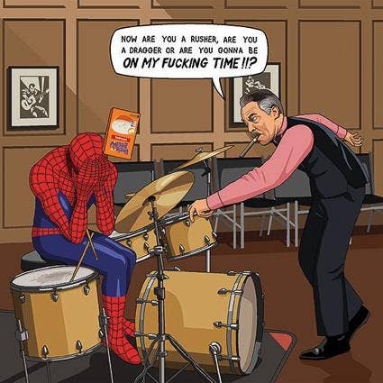 Biglietto di auguri - Jim'll Paint It - Spiderman Drum Lesson per la vendita all'ingrosso da parte di Lesser Spotted Images Ltd