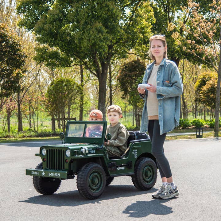 Green 24V Military Willy Jeep 3 Seater Electric Ride on for wholesale on Faire4