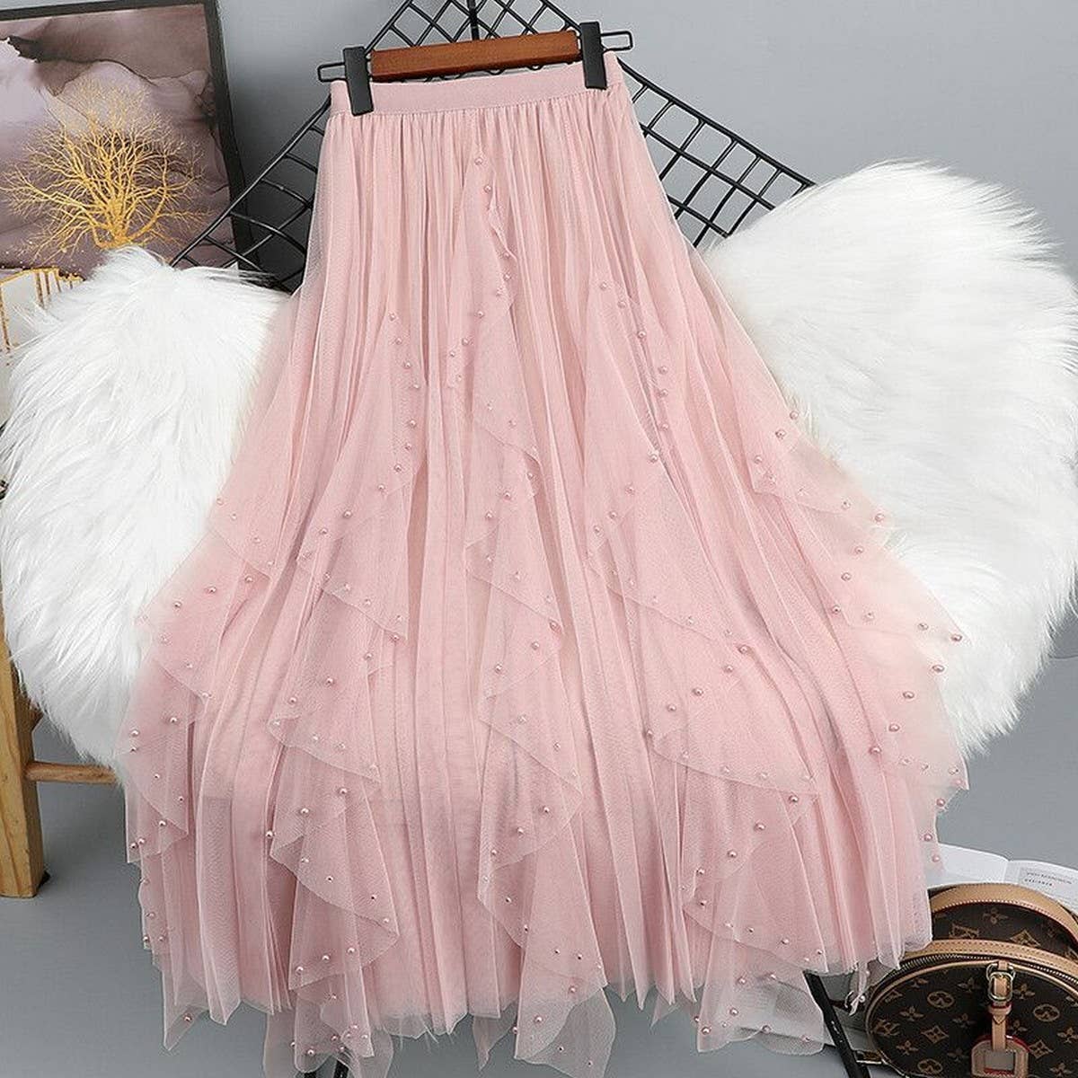 ACCITY - Wholesale Skirt - Women's - BEADED MESH PLEATED SKIRT A LINE TULLE SKIRT_CWBLS03984